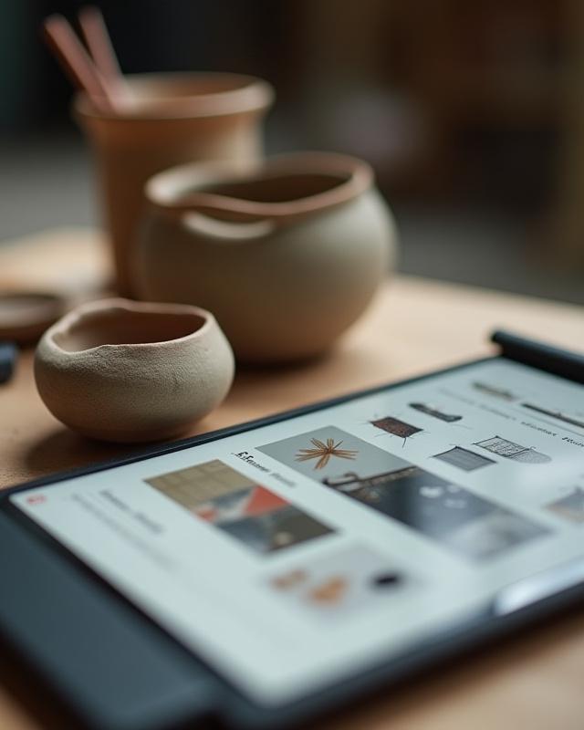 陶芸とタブレットが並べられた作業台