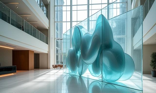 企業ロビーに設置された、光を反射する現代的なガラスのアート作品